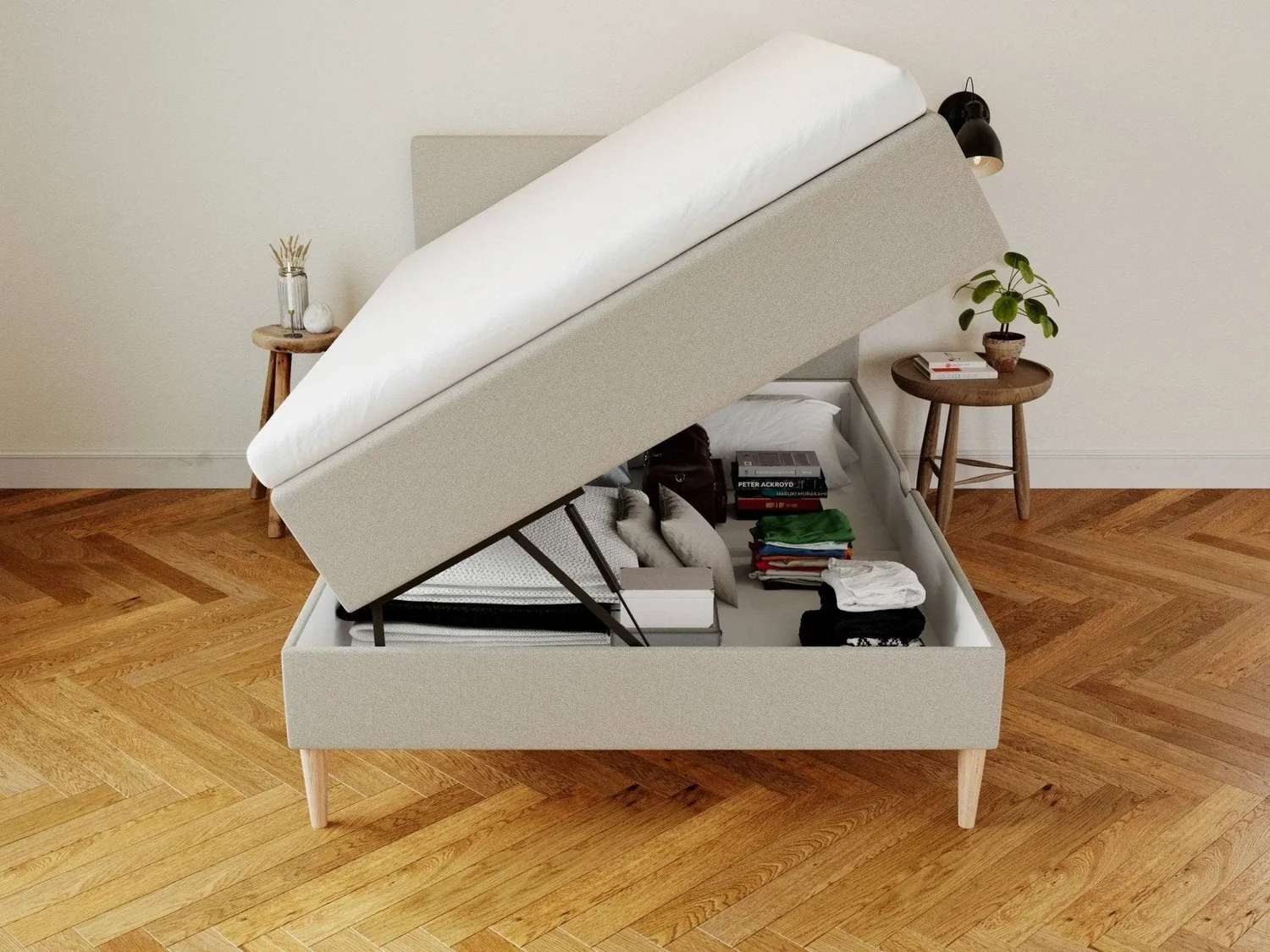 Ragna Astrid opbevaringsseng 120x200 sand med gavl